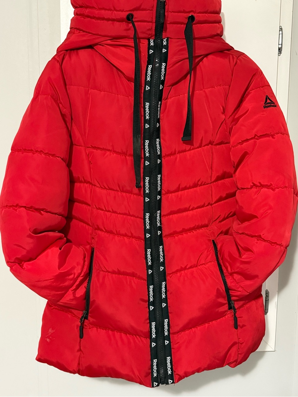 Reebok Women’s Red Quilted Puffer Jacket with Oversized Sherpa Hood Apres Ski